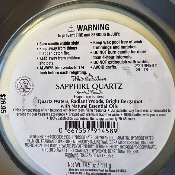 🆕BATH & BODY WORKS Sapphire Quartz 3 Wick Candle*NEW Retired White Barn Scent - Picture 5 of 5